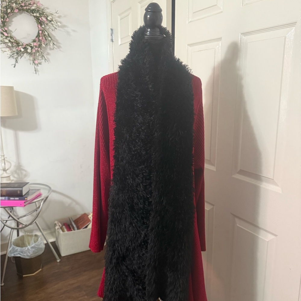 Red Sweater with Black Faux Fur Scarf